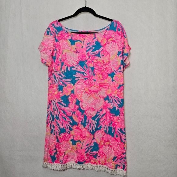 Lilly Pulitzer Neon Pink Coral Floral Print Fringe Hem Mini T-Shirt Dress Small - Picture 1 of 6